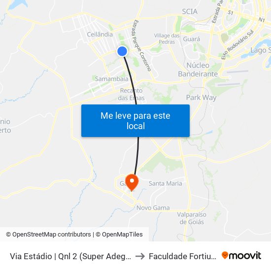 Via Estádio | Qnl 2 (Super Adega) to Faculdade Fortium map