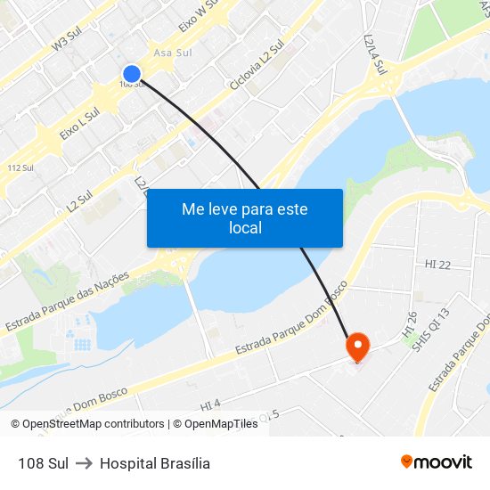 108 Sul to Hospital Brasília map