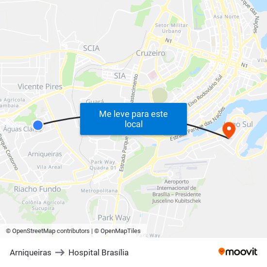 Arniqueiras to Hospital Brasília map