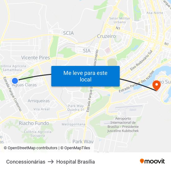 Concessionárias to Hospital Brasília map