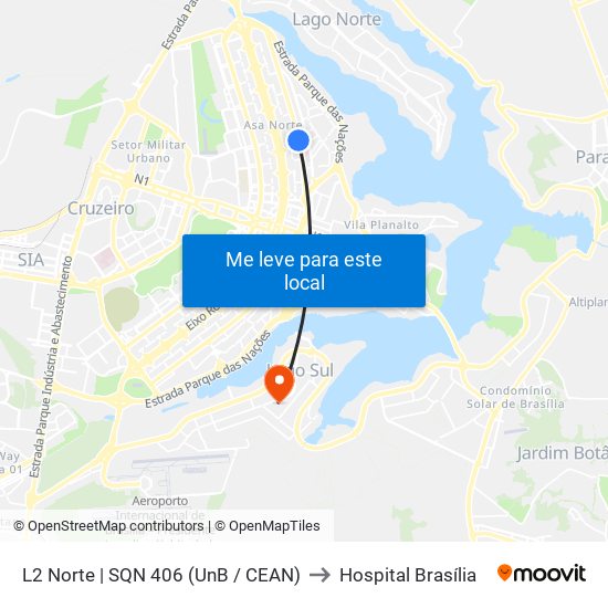 L2 Norte | SQN 406 (UnB / CEAN) to Hospital Brasília map