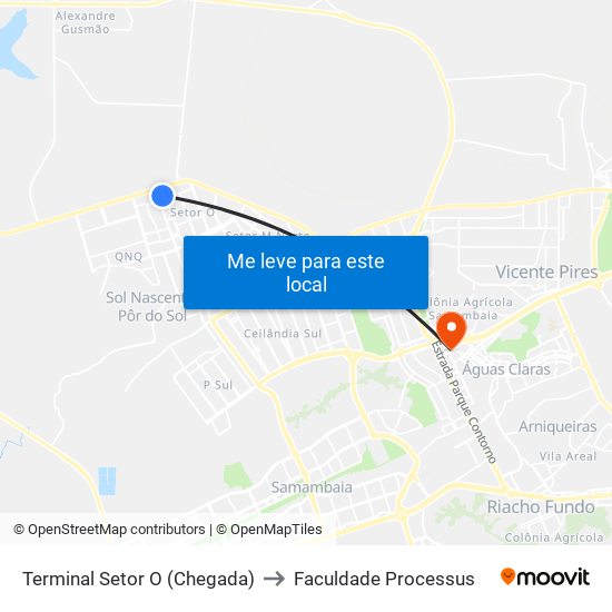 Terminal Setor O (Chegada) to Faculdade Processus map