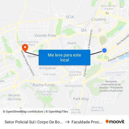 Setor Policial Sul | Corpo De Bombeiros to Faculdade Processus map