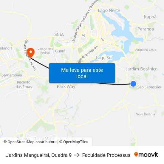 Jardins Mangueiral, Quadra 9 to Faculdade Processus map