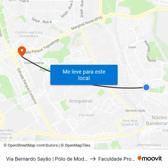 Via Bernardo Sayão | Pólo de Modas, Rua 21/20 to Faculdade Processus map