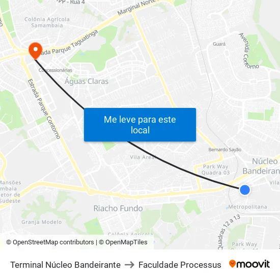 Terminal Núcleo Bandeirante to Faculdade Processus map