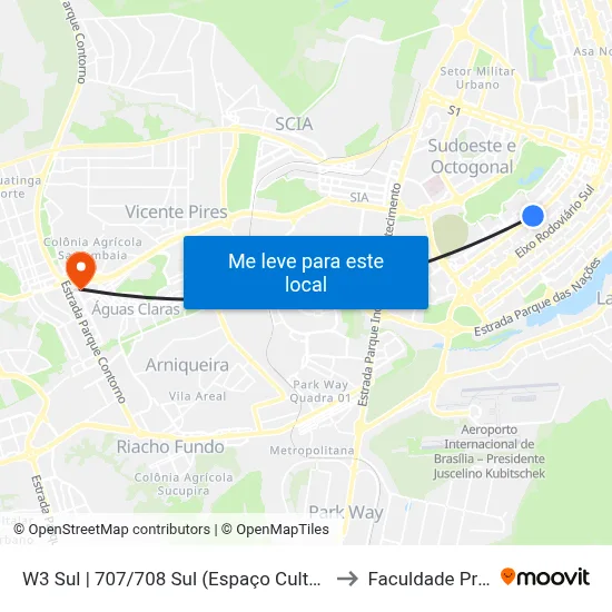 W3 Sul | 707/708 Sul (Espaço Cultural Renato Russo) to Faculdade Processus map