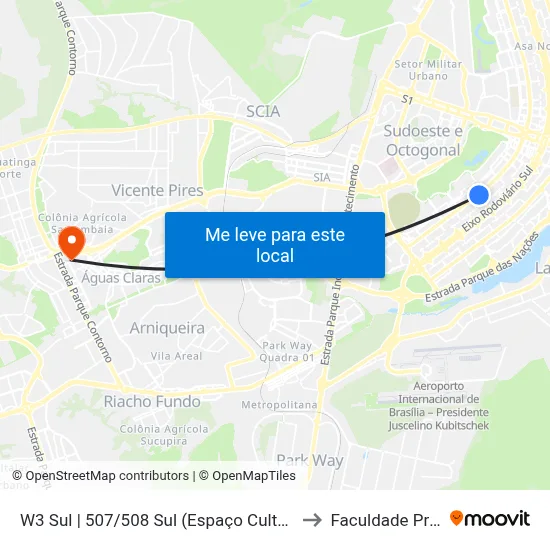 W3 Sul | 507/508 Sul (Espaço Cultural Renato Russo) to Faculdade Processus map