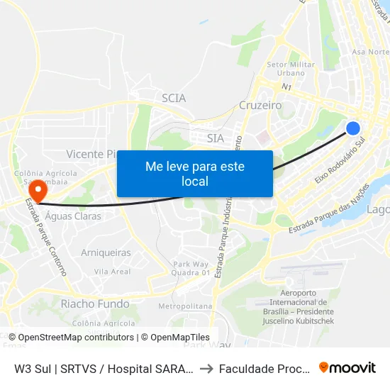 W3 Sul | SRTVS / Hospital SARAH Centro to Faculdade Processus map