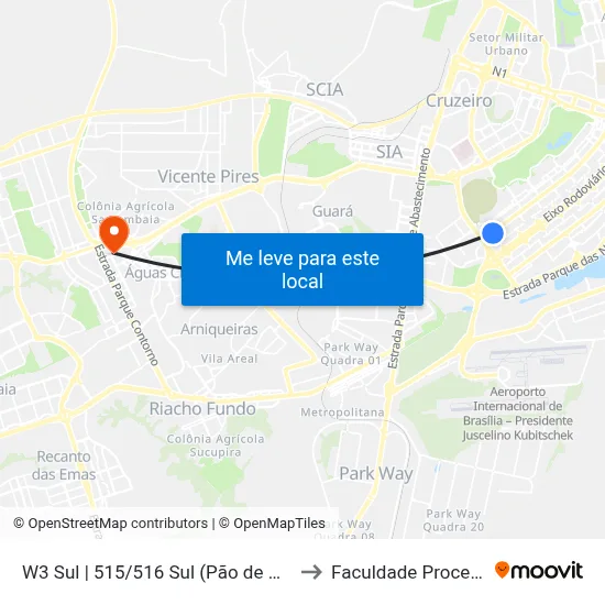 W3 Sul | 515/516 Sul (Pão de Açúcar) to Faculdade Processus map