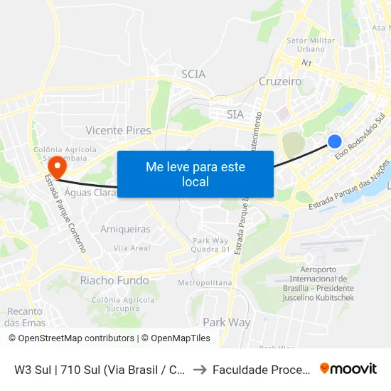 W3 Sul | 710 Sul (Via Brasil / CASEB) to Faculdade Processus map