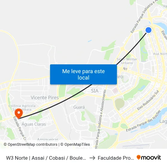 W3 Norte | Assai / Cobasi / Boulevard Shopping to Faculdade Processus map