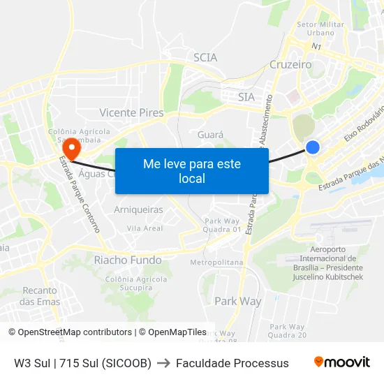 W3 Sul | 715 Sul (SICOOB) to Faculdade Processus map