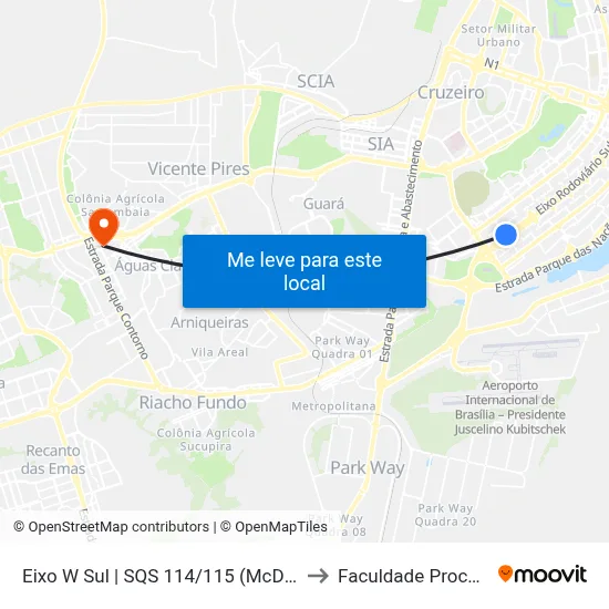 Eixo W Sul | SQS 114/115 (McDonald's) to Faculdade Processus map