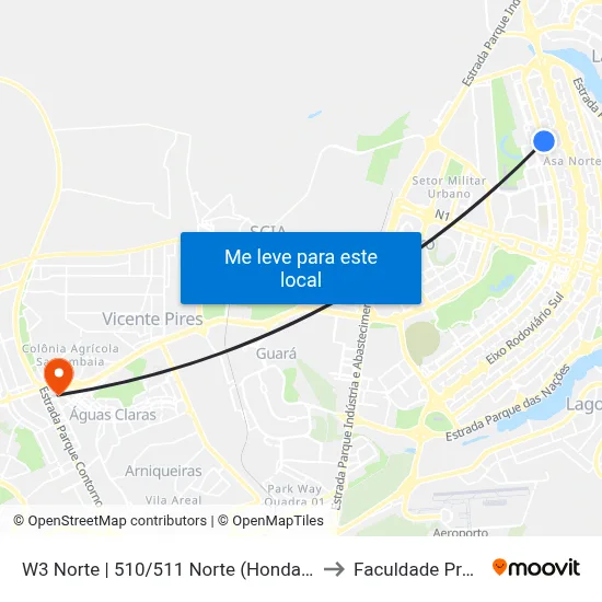 W3 Norte | 510/511 Norte (Honda Plaza Motors) to Faculdade Processus map