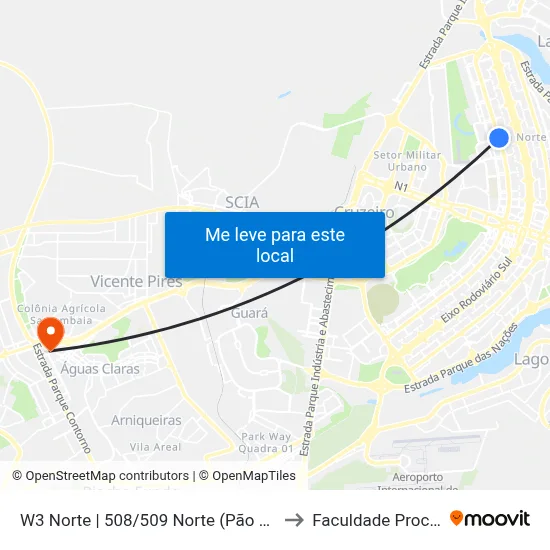 W3 Norte | 508/509 Norte (Pão de Açúcar) to Faculdade Processus map