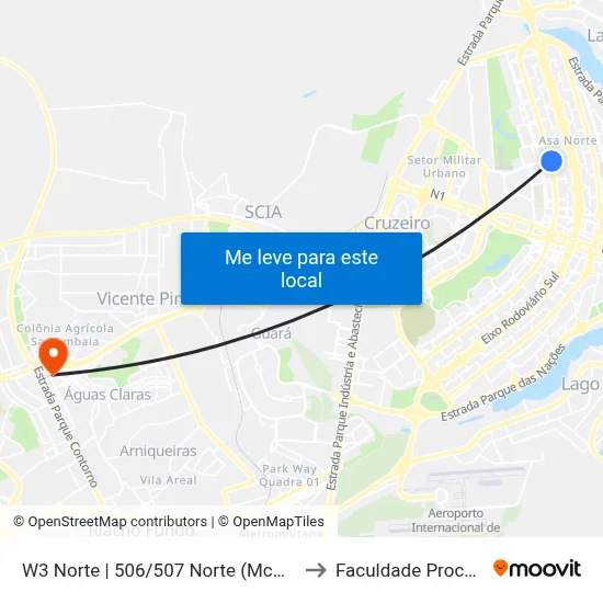 W3 Norte | 506/507 Norte (McDonald's) to Faculdade Processus map