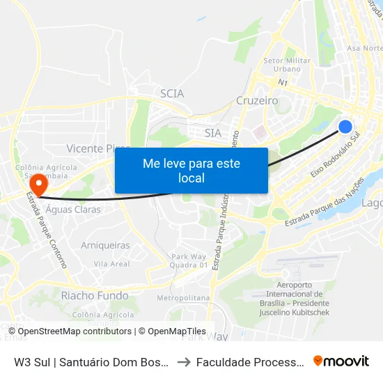 W3 Sul | Santuário Dom Bosco to Faculdade Processus map