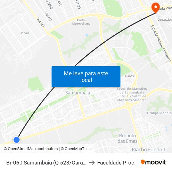 Br-060 Samambaia (Q 523/Garagem Urbi) to Faculdade Processus map