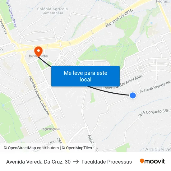 Avenida Vereda Da Cruz, 30 to Faculdade Processus map