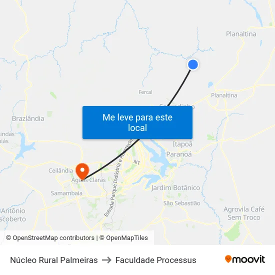 Núcleo Rural Palmeiras to Faculdade Processus map