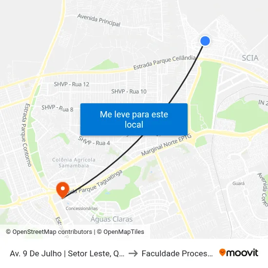 Av. 9 De Julho | Setor Leste, Qd. 3 to Faculdade Processus map