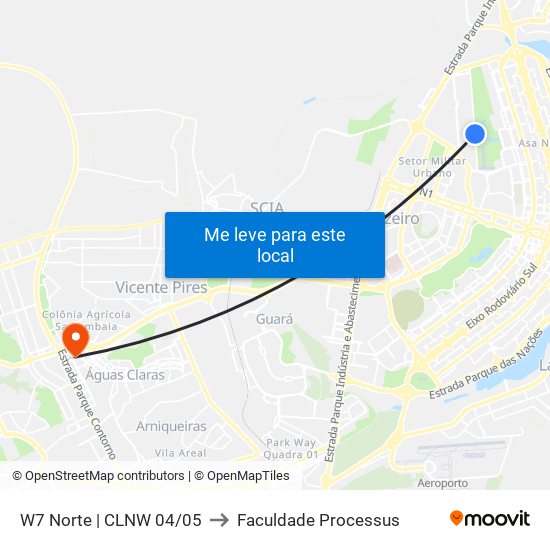W7 Norte (Acesso Sqnw 105) to Faculdade Processus map
