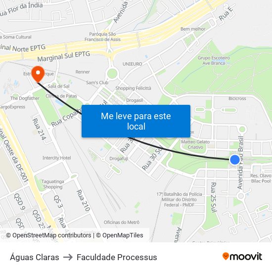 Águas Claras to Faculdade Processus map