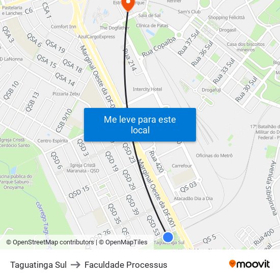 Taguatinga Sul to Faculdade Processus map