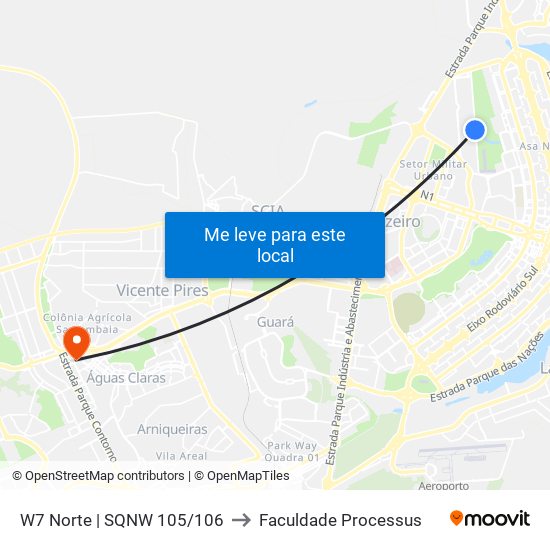 W7 Norte | SQNW 105/106 to Faculdade Processus map