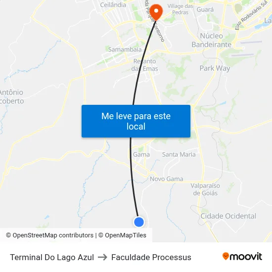 Terminal Do Lago Azul to Faculdade Processus map