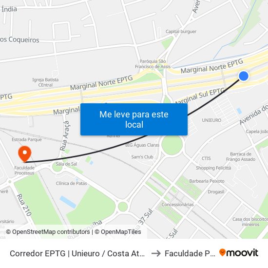 Corredor EPTG | Unieuro / Costa Atacadista (Sentido BSB) to Faculdade Processus map