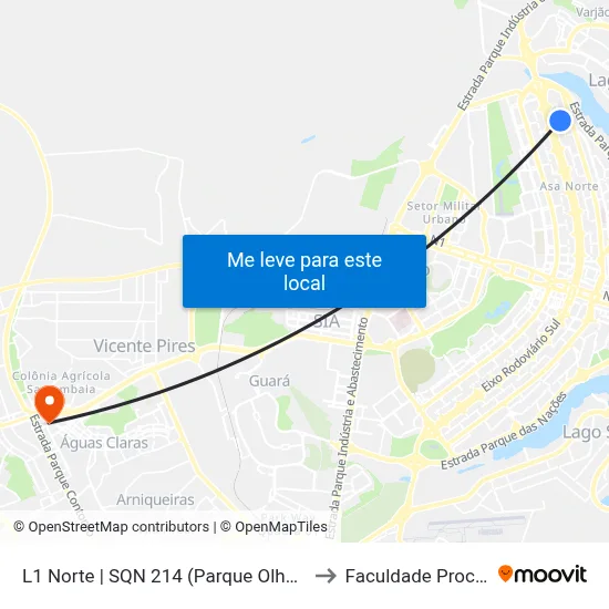 L1 Norte | SQN 214 (Parque Olhos D'Água) to Faculdade Processus map
