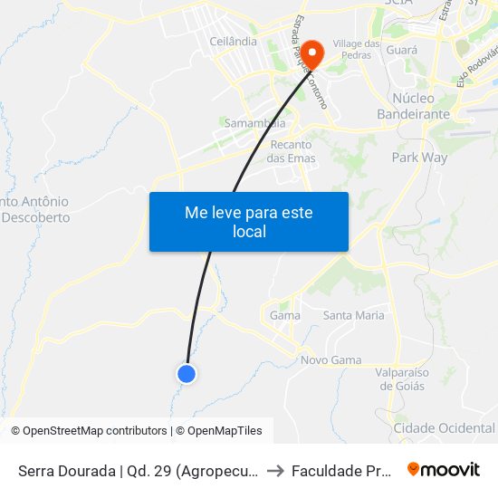 Serra Dourada | Qd. 29 (Agropecuária / Sacolão) to Faculdade Processus map