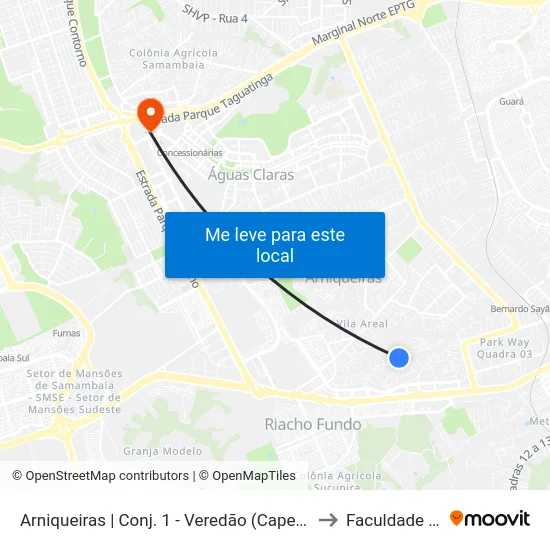 Arniqueiras | Conj. 1 - Veredão (Capela Nss. Senhora Das Graças) to Faculdade Processus map