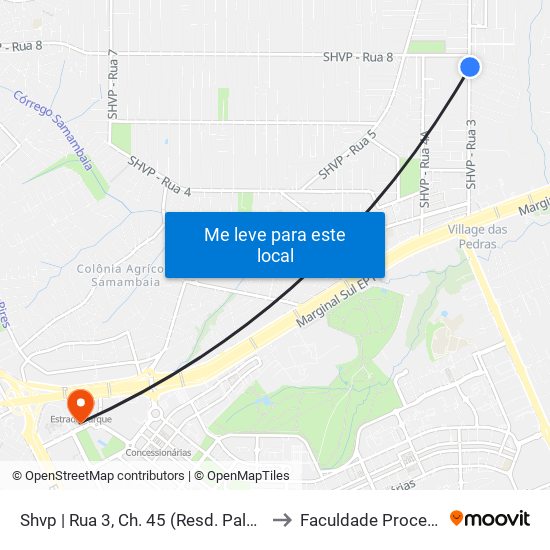 Shvp | Rua 3, Ch. 45 (Resd. Palmares) to Faculdade Processus map