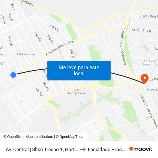 Av. Central | Shsn Trecho 1, Horta Ch. 15 to Faculdade Processus map