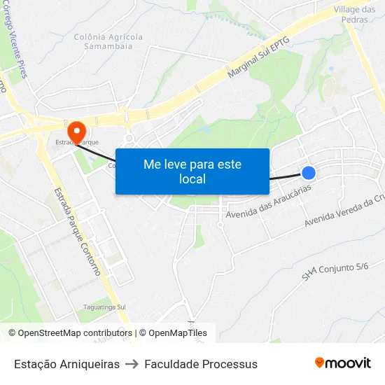 Estação Arniqueiras to Faculdade Processus map