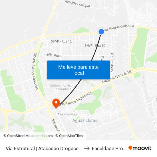 Via Estrutural | Atacadão Drogacenter (Rua 10a) to Faculdade Processus map