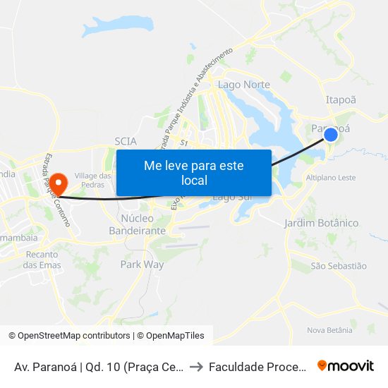 Av. Paranoá | Qd. 10 (Praça Central) to Faculdade Processus map