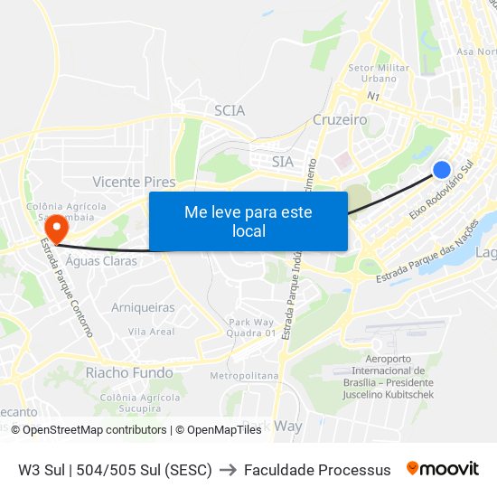 W3 Sul | 504/505 Sul (Sesc) to Faculdade Processus map