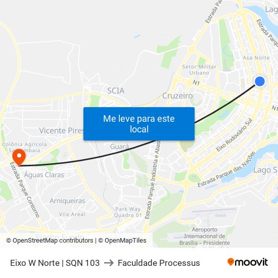 Eixo W Norte | SQN 103 to Faculdade Processus map