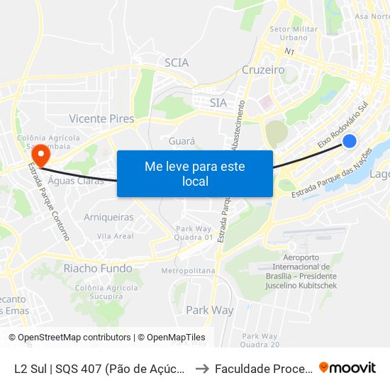 L2 Sul | Sqs 407 (Hospital Dos Olhos - Hob) to Faculdade Processus map