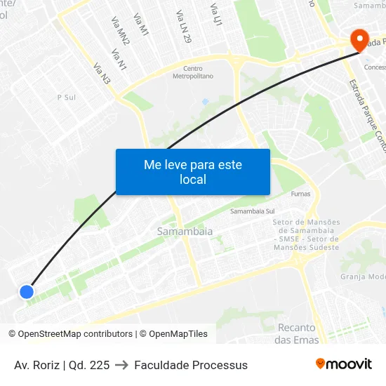 Av. Roriz | Qd. 225 to Faculdade Processus map