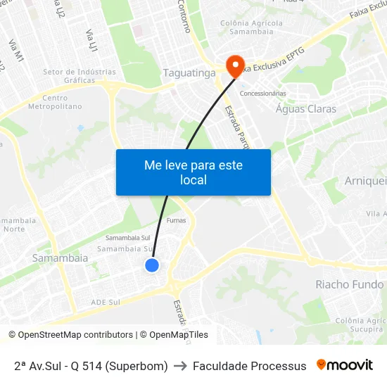 2ª Av.Sul - Q 514 (Superbom) to Faculdade Processus map