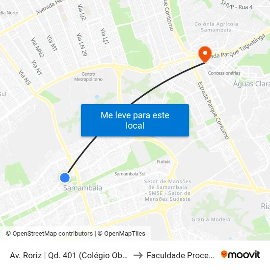 Av. Roriz | Qd. 401 (Colégio Objetivo) to Faculdade Processus map