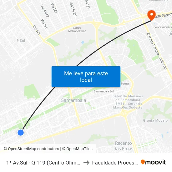 1ª Av.Sul - Q 119 (Centro Olímpico) to Faculdade Processus map