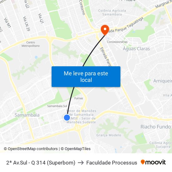 2ª Av.Sul - Q 314 (Superbom) to Faculdade Processus map