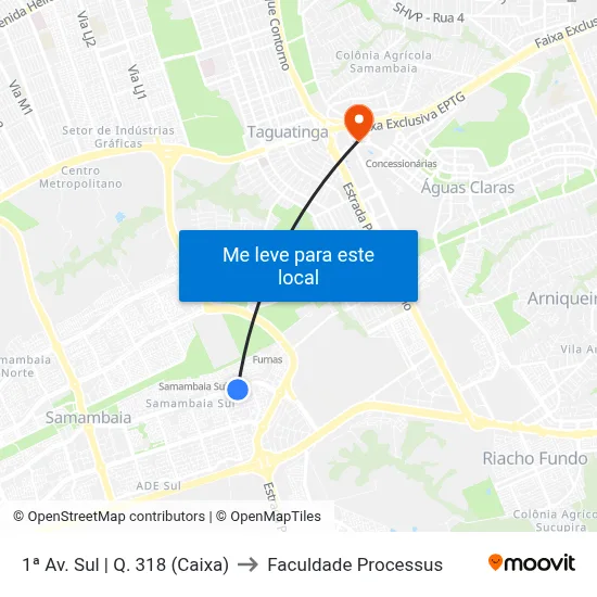 1ª Av. Sul | Q. 318 (Caixa) to Faculdade Processus map