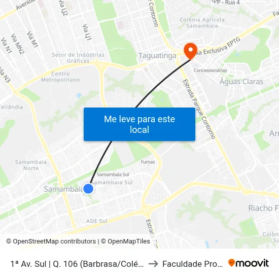 1ª Av. Sul | Q. 106 (Barbrasa/Colégio Biângulo) to Faculdade Processus map